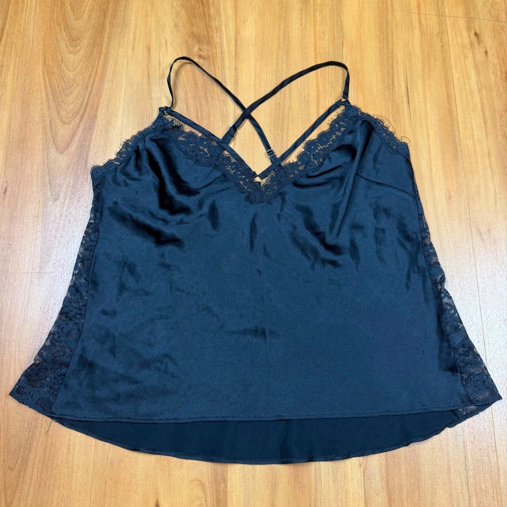 Victoria's Secret Black Satin Lace Trim Cami Strappy Crisscross Back Top Large